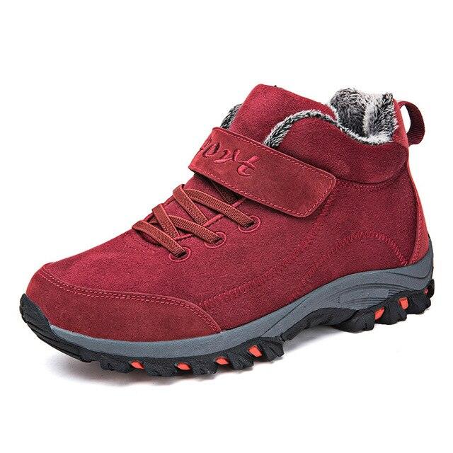 Stevvex red waterproof winter boots with fur lining, lace-up and Velcro strap, rugged sole on Tampa Home & Garden Store