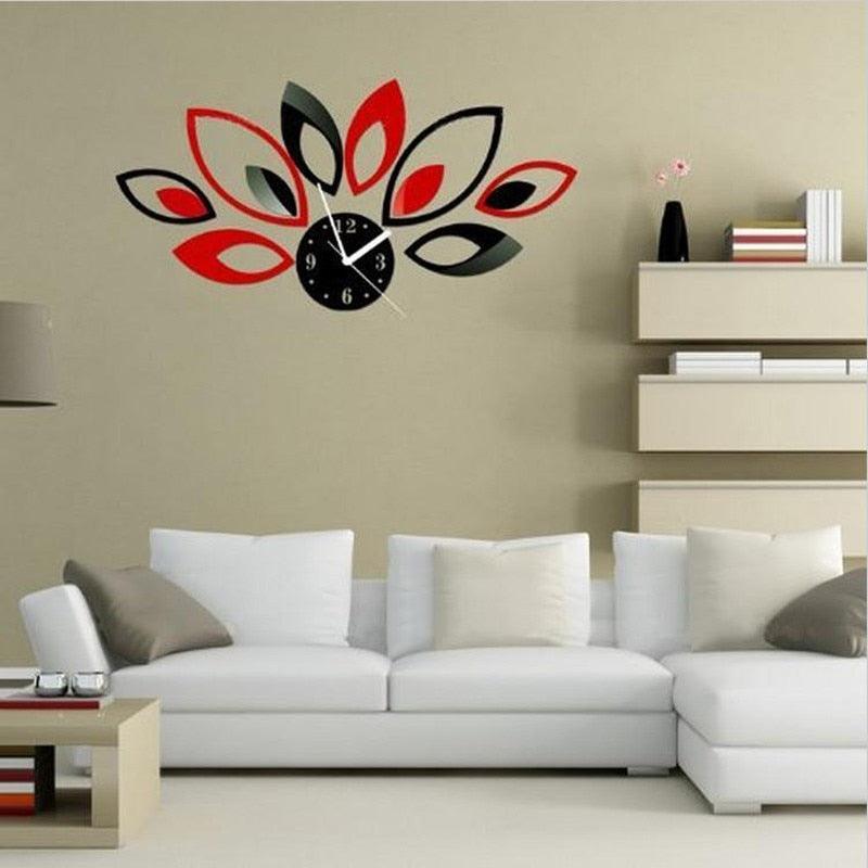 Acrylic mirror wall clock stickers by Stevvex, frameless clock kit with red black leaf design on Tampa Home & Garden Store