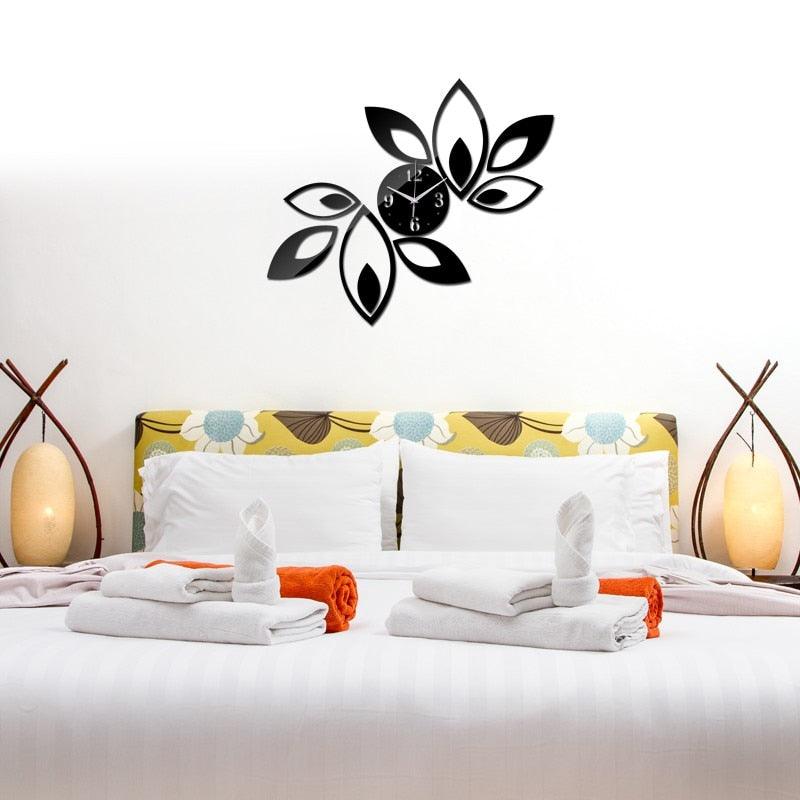 Acrylic Mirror Wall Clock Sticker by Stevvex, frameless black leaf clock for living room on Tampa Home & Garden Store