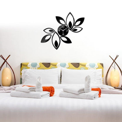 Acrylic Mirror Wall Clock Sticker by Stevvex, frameless black leaf clock for living room on Tampa Home & Garden Store