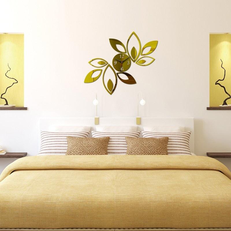 Stevvex acrylic mirror wall clock stickers, frameless floral gold clock kit for modern living on Tampa Home & Garden Store