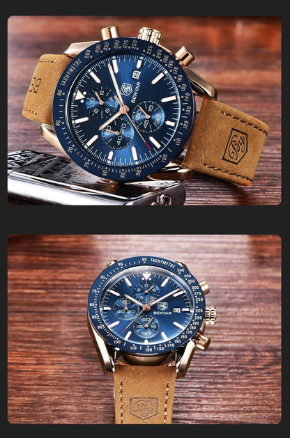 BenYAR blue chronograph watch with tachymeter bezel, gold-tone case, tan leather strap on Tampa Home & Garden Store

Angled BenYAR blue chronograph watch with tachymeter bezel, gold-tone case, tan leather strap on Tampa Home & Garden Store