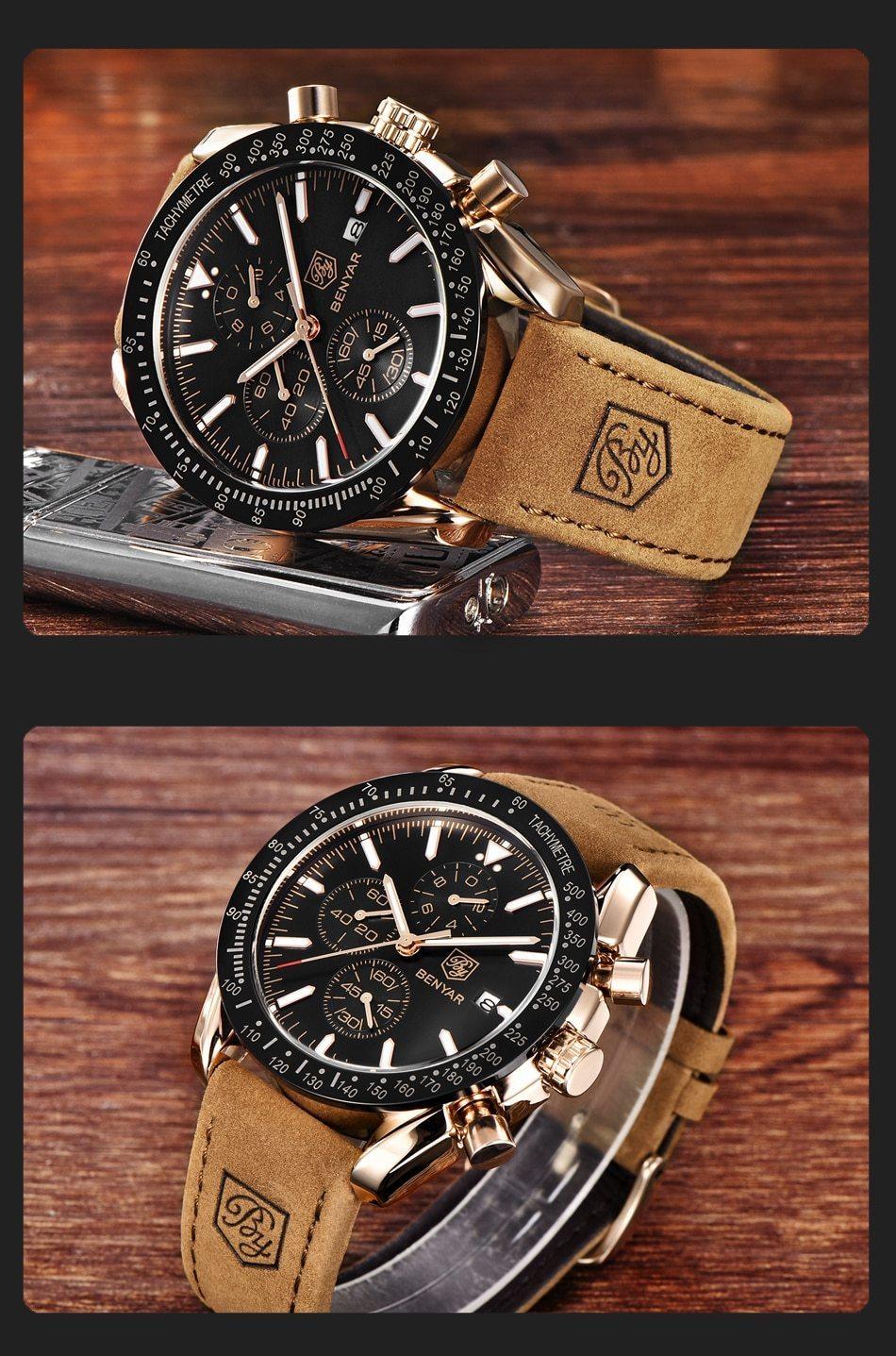 Stevvex mens chronograph watch with black dial and brown suede strap on Tampa Home & Garden Store
