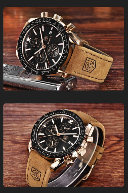 Stevvex mens chronograph watch with black dial and brown suede strap on Tampa Home & Garden Store