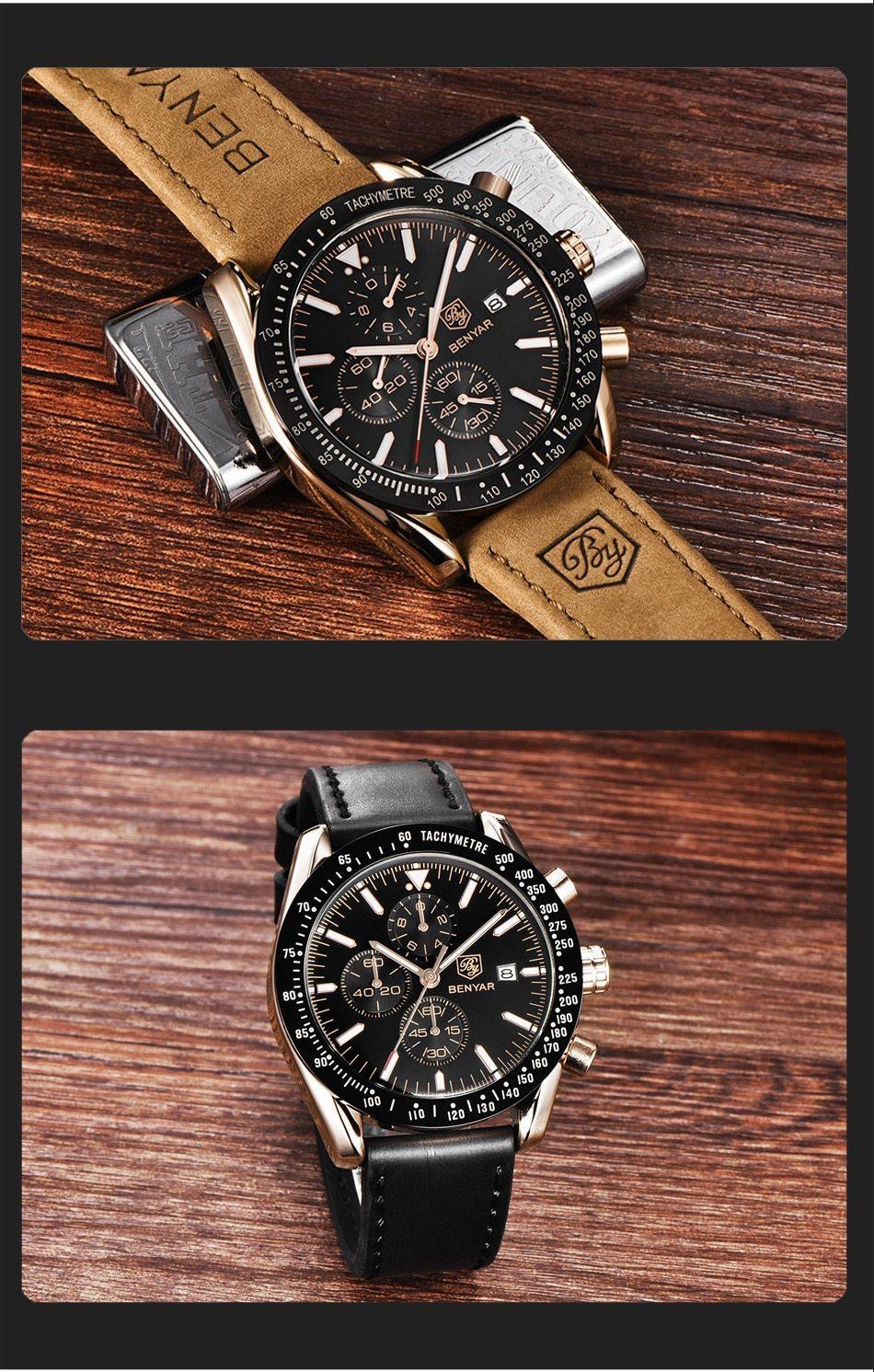 Stevvex men’s stainless steel quartz chronograph watch with black dial and tan leather strap tachymeter bezel on Tampa Home & Garden Store
Stevvex men’s stainless steel quartz chronograph watch with black dial and black leather strap tachymeter bezel on Tampa Home & Garden Store