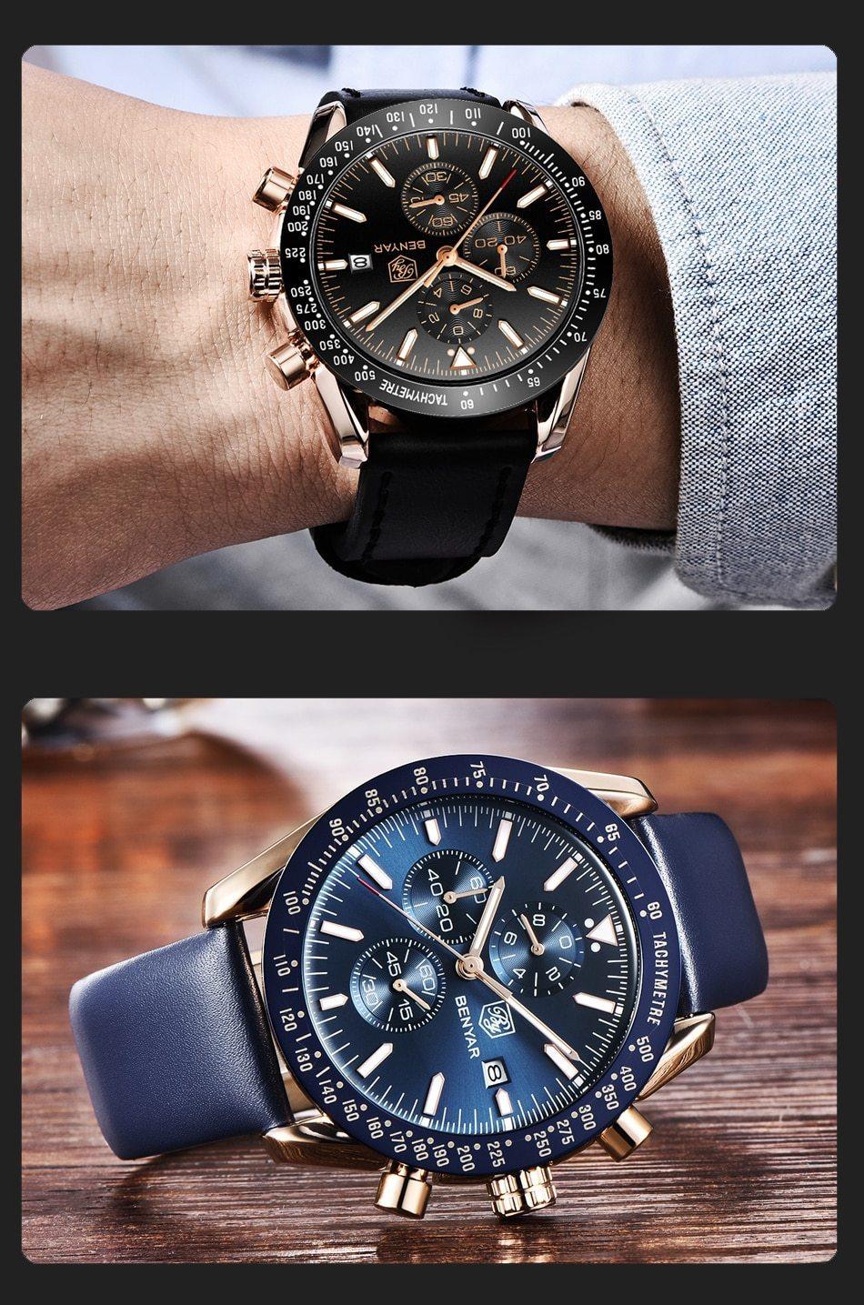 Two men's stainless steel quartz chronograph watches, black and blue dials with gold-tone accents on Tampa Home & Garden Store