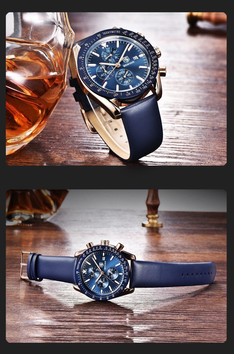 Stevvex men's quartz chronograph watch with blue dial and blue leather strap, gold-tone case on Tampa Home & Garden Store