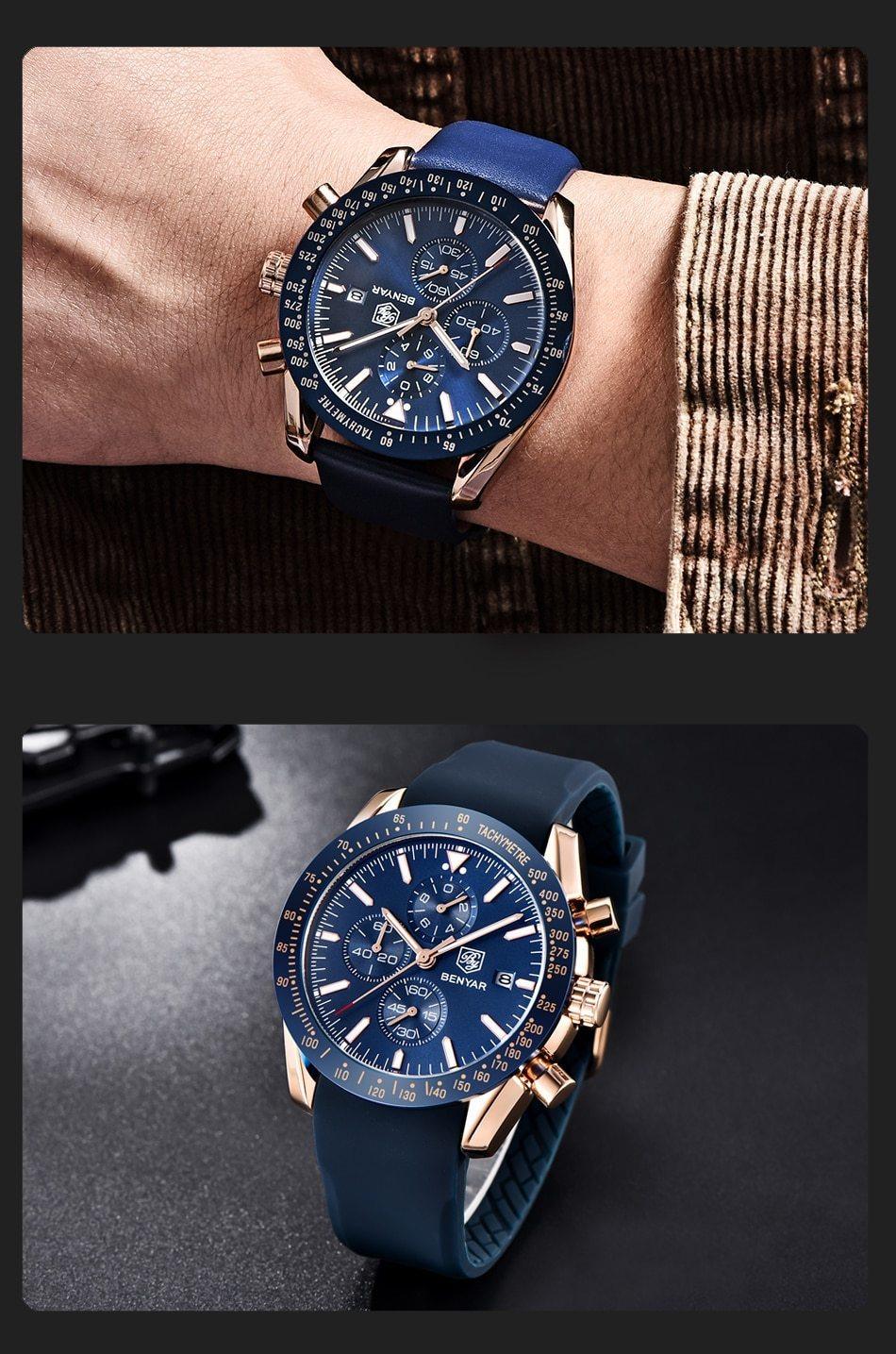 Luxury men's stainless steel waterproof chronograph watch by Stevvex, blue dial and blue strap on Tampa Home & Garden Store
