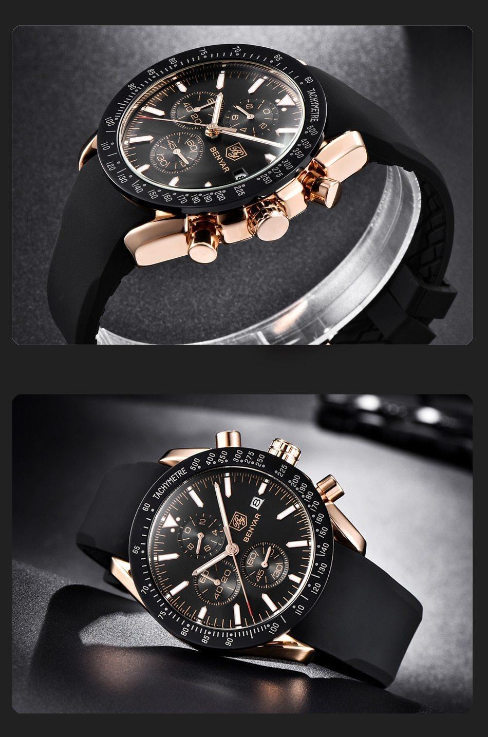 Stevvex men's watch with black dial, rose-gold case, chronograph, tachymeter, silicone strap on Tampa Home & Garden Store
Stevvex men's chronograph watch with black dial, rose-gold case, bezel, silicone strap on Tampa Home & Garden Store