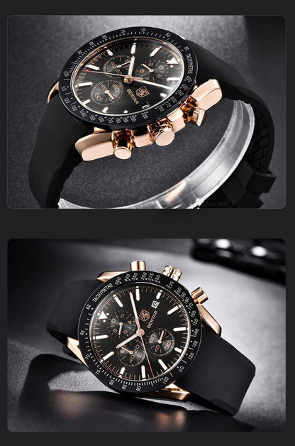 Stevvex men's watch with black dial, rose-gold case, chronograph, tachymeter, silicone strap on Tampa Home & Garden Store
Stevvex men's chronograph watch with black dial, rose-gold case, bezel, silicone strap on Tampa Home & Garden Store