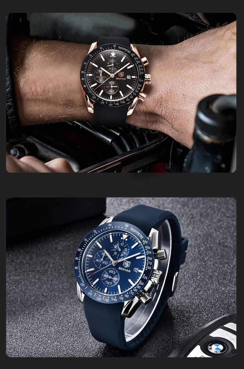 Stevvex luxury men's quartz chronograph watches pair: 2 watches with black and blue dial styles on Tampa Home & Garden Store