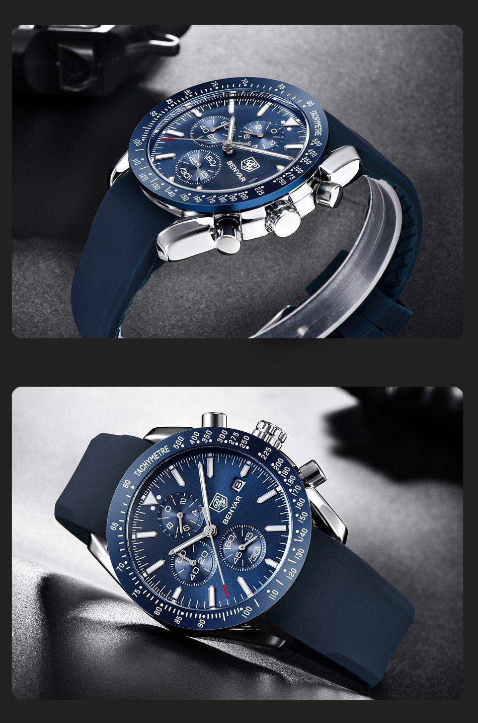 Men's blue stainless steel quartz chronograph watch Benyar with tachymeter bezel on Tampa Home & Garden Store
Blue dial Benyar chronograph watch with tachymeter bezel and silicone strap on Tampa Home & Garden Store