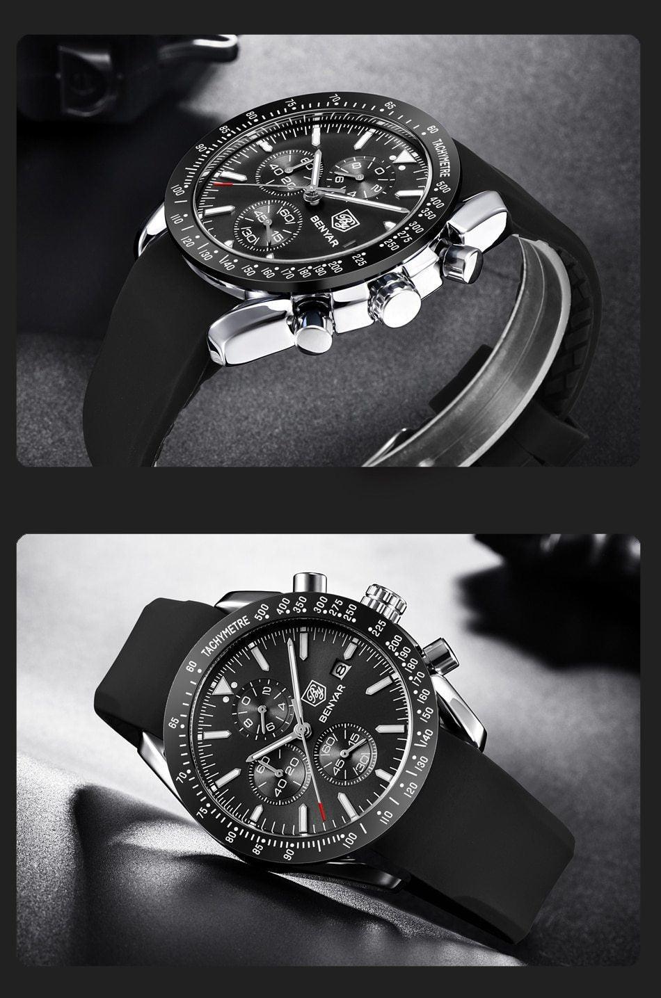 Stevvex stainless steel quartz chronograph watch with black dial and tachymeter bezel on Tampa Home & Garden Store
