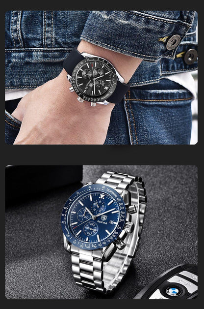 Two men's watches: black-dial chronograph rubber strap; blue Benyar steel bracelet chronograph on Tampa Home & Garden Store