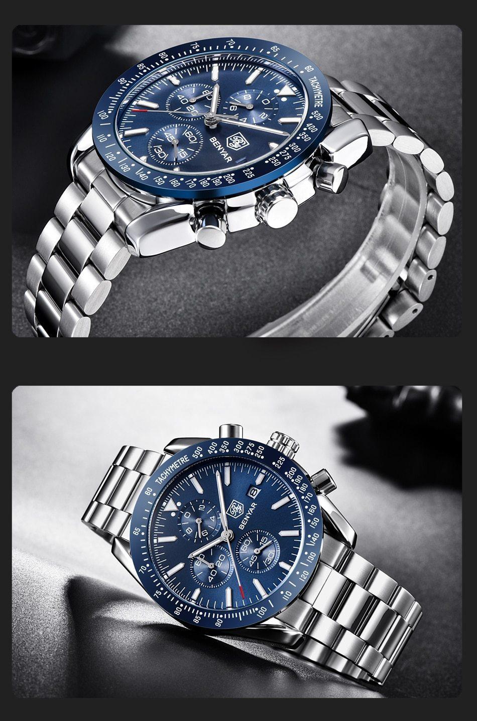 Stevvex men's stainless steel quartz chronograph watch with blue dial and tachymeter bezel on Tampa Home & Garden Store