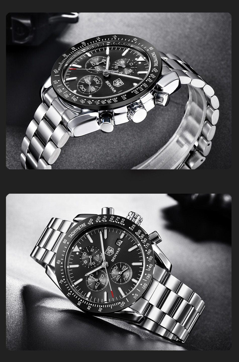 Stevvex men's stainless steel quartz chronograph watch with black dial and tachymeter bezel on Tampa Home & Garden Store