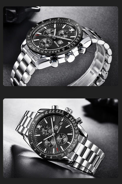 Stevvex men's stainless steel quartz chronograph watch with black dial and tachymeter bezel on Tampa Home & Garden Store