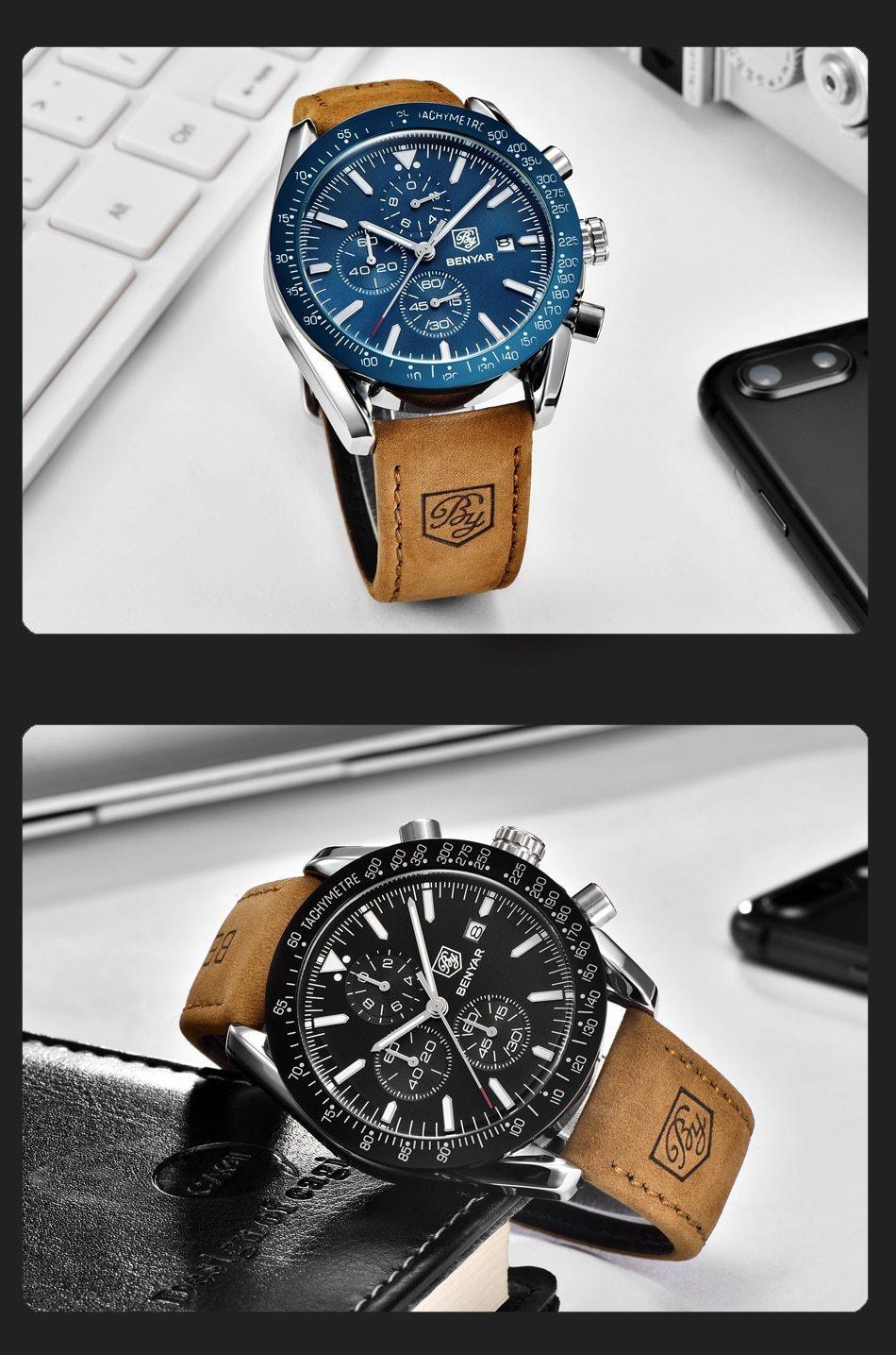 Benyar chronograph watch blue dial, tachymeter bezel, stainless steel case, tan leather strap on Tampa Home & Garden Store
Benyar chronograph watch black dial, tachymeter bezel, steel case, tan leather strap on Tampa Home & Garden Store