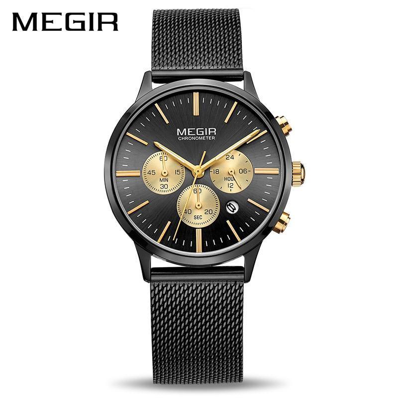 Megir black multifunction watch with gold-tone subdials and stainless steel mesh strap on Tampa Home & Garden Store