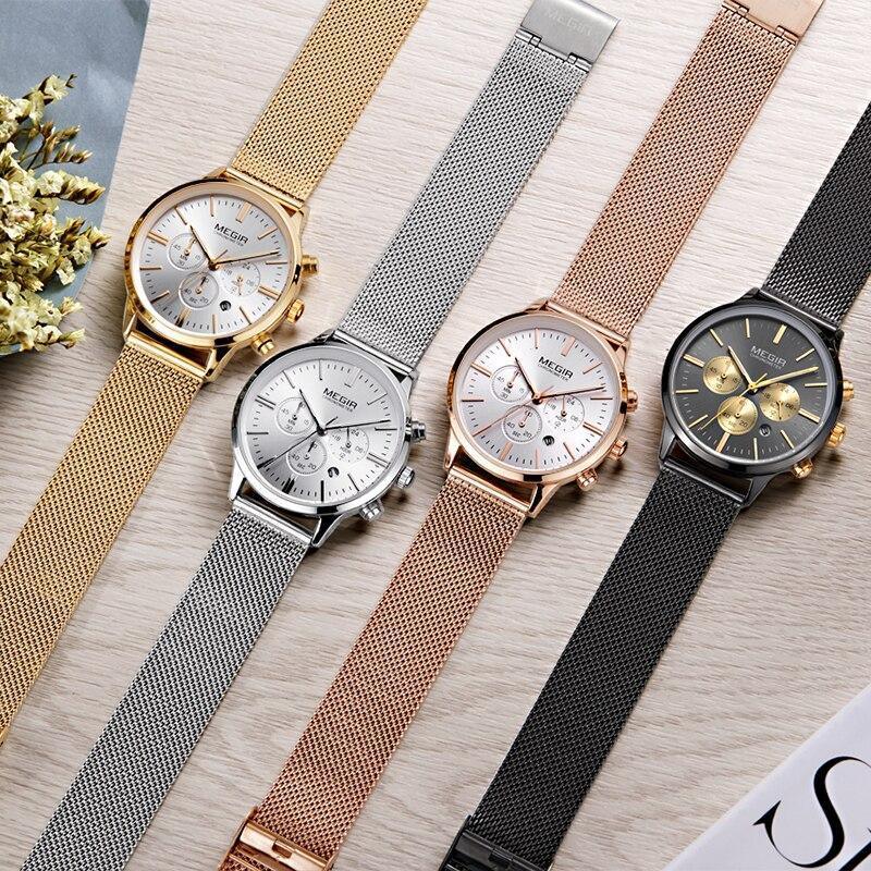 Five Megir luxury watches with stainless steel mesh bands in gold silver rose gold and black on Tampa Home & Garden Store