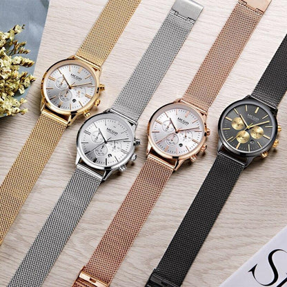 Five Megir luxury watches with stainless steel mesh bands in gold silver rose gold and black on Tampa Home & Garden Store