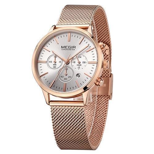 Women's multifunctional rose gold watch with mesh stainless strap and white chronograph dial MEGIR on Tampa Home & Garden Store