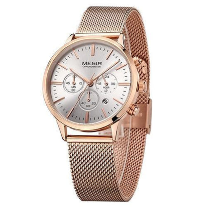 Women's multifunctional rose gold watch with mesh stainless strap and white chronograph dial MEGIR on Tampa Home & Garden Store