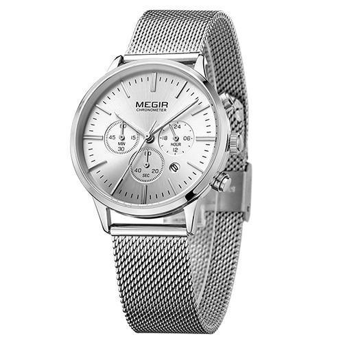 Watch Megir chronometer silver stainless steel mesh strap wrist watch with 3 subdials on Tampa Home & Garden Store
