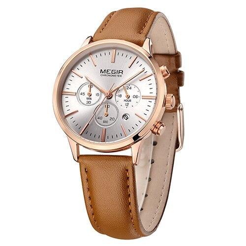 Multifunctional women's watch Megir rose gold case tan leather strap silver dial on Tampa Home & Garden Store