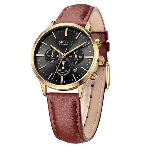 Stevvex women's black quartz watch with gold-tone case, black dial, brown leather strap on Tampa Home & Garden Store