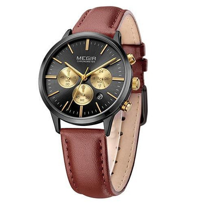 Watch Megir black women's multifunction watch with gold subdials and brown leather strap on Tampa Home & Garden Store