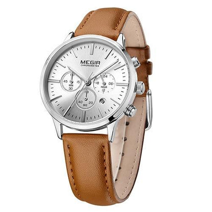 Stevvex women's multifunctional luxury watch with brown leather strap and silver dial on Tampa Home & Garden Store