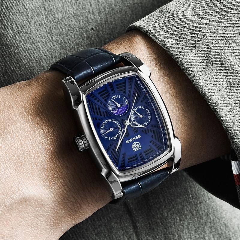 Stevvex square luxury men's watch with blue dial, stainless steel case and blue leather strap on Tampa Home & Garden Store