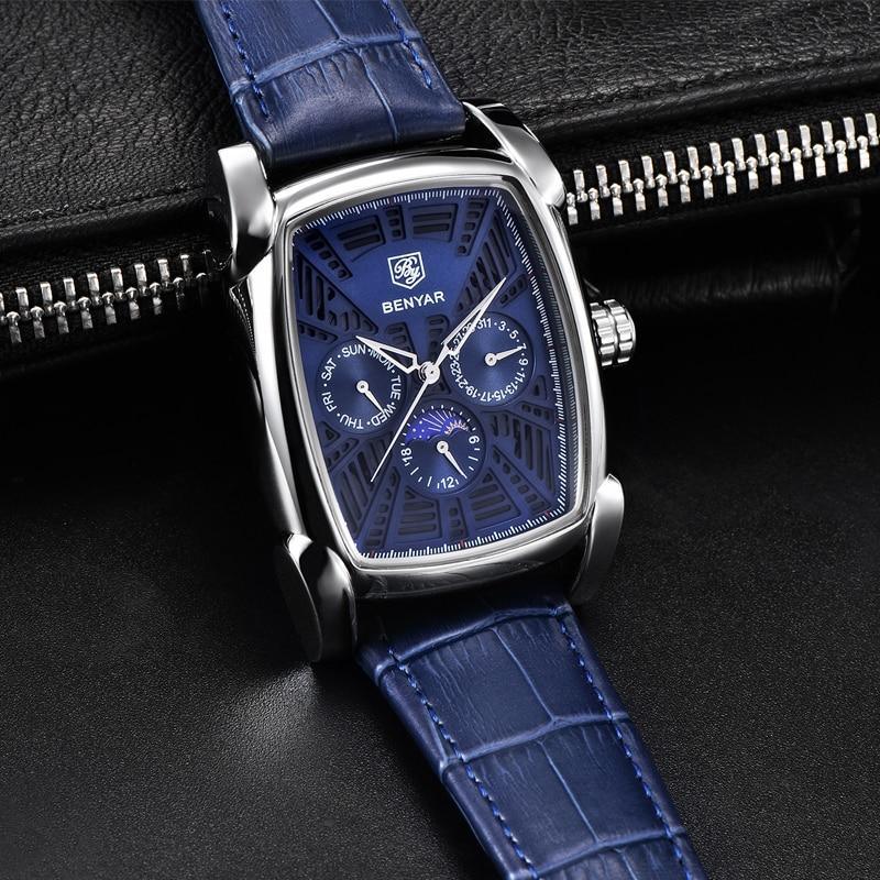 Square luxury men's Benyar watch with blue dial, blue leather strap, stainless steel case on Tampa Home & Garden Store