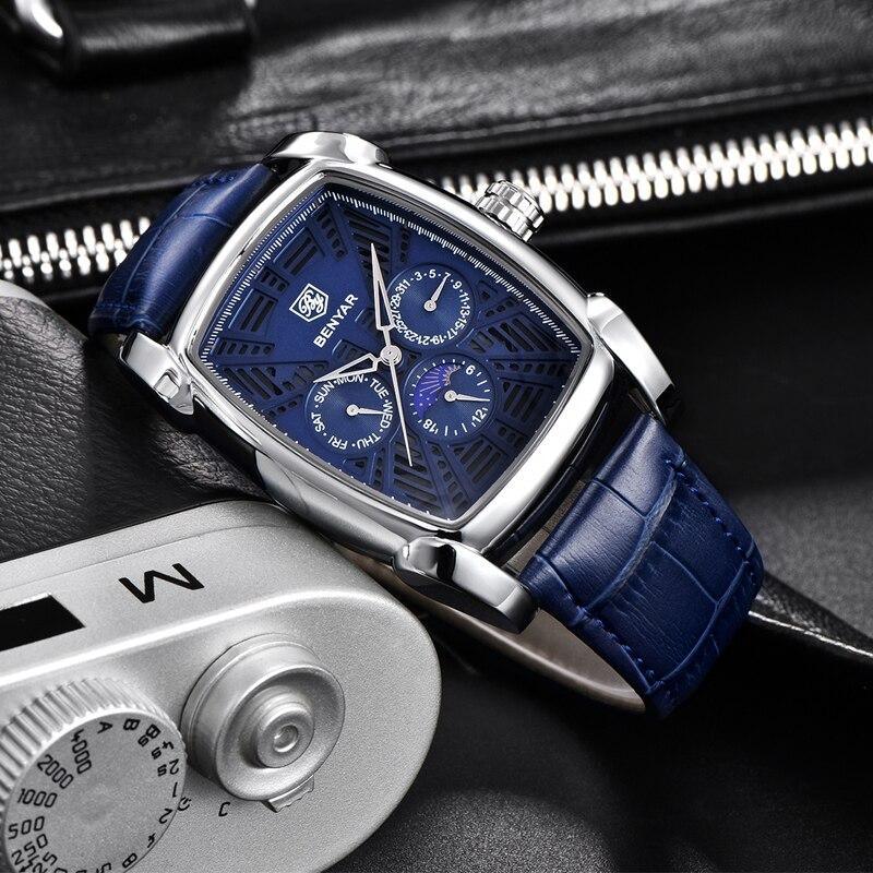 Square blue-dial BENYAR men's watch with silver case, blue leather strap and two subdials on Tampa Home & Garden Store