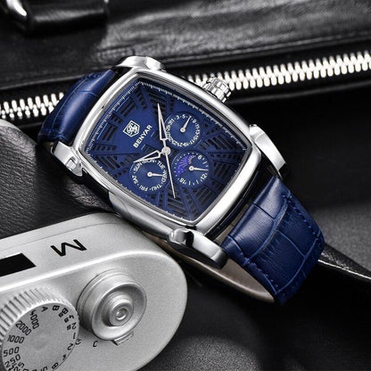Square blue-dial BENYAR men's watch with silver case, blue leather strap and two subdials on Tampa Home & Garden Store