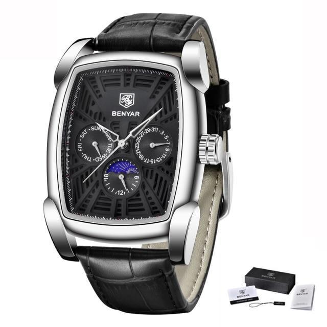Square luxury mens watch with black leather strap, silver case, BENYAR dial analog quartz on Tampa Home & Garden Store