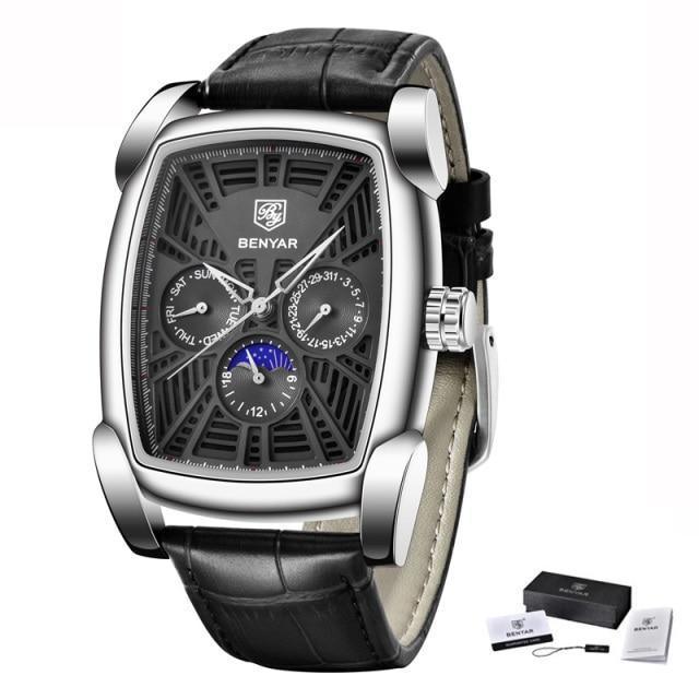 Square luxury analog watch by BENYAR with black dial and black leather strap on Tampa Home & Garden Store