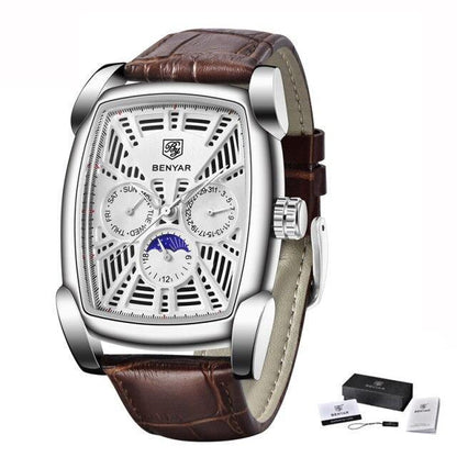 Benyar square luxury men's watch with brown leather strap and stainless steel case on Tampa Home & Garden Store