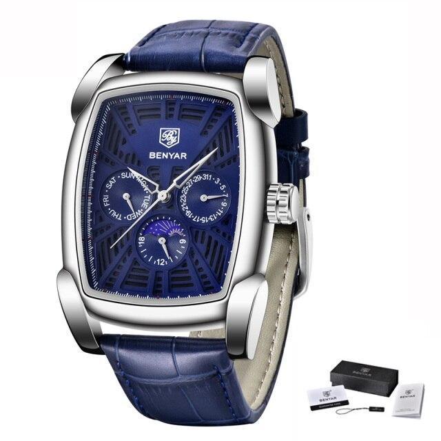 Square men's watch blue leather strap analog quartz BENYAR on Tampa Home & Garden Store