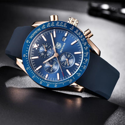 Men's blue chronograph watch with silicone strap, rose-gold case, tachymeter bezel BENYAR on Tampa Home & Garden Store