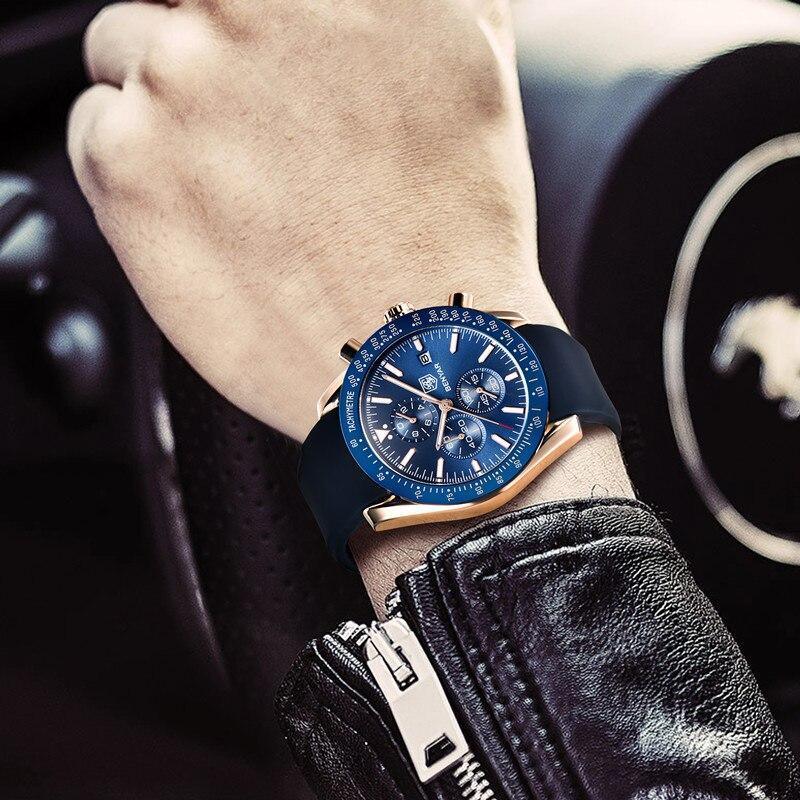 Stevvex 2021 blue men's chronograph watch with silicone strap and rose-gold case on wrist on Tampa Home & Garden Store