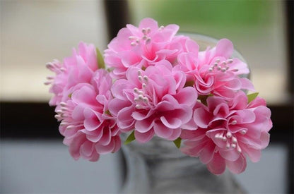 Silk stamen artificial flower bouquet 6pcs pink with green leaves in glass vase by Stevvex on Tampa Home & Garden Store