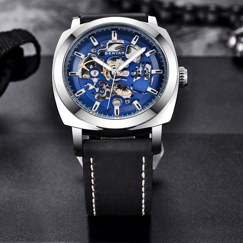 Stevvex men's skeleton automatic watch with blue dial, silver case, black leather strap on Tampa Home & Garden Store
