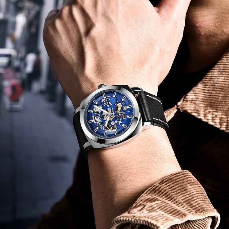 Stevvex luxury skeleton watch ST335MERHE11 with blue dial and black leather strap on Tampa Home & Garden Store
