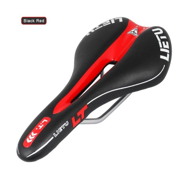 Stevvex bike saddle ergonomic seat perforated memory foam PU leather black red steel rails on Tampa Home & Garden Store