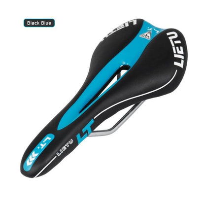 Ergonomic road bike saddle with perforated memory foam, black PU leather and steel rails on Tampa Home & Garden Store