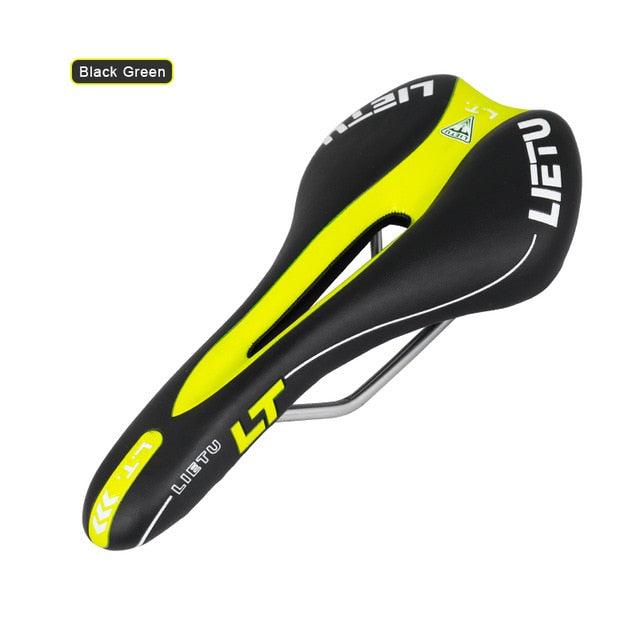 Ergonomic bicycle saddle Stevvex in black with neon yellow accent, memory foam, steel rails on Tampa Home & Garden Store
