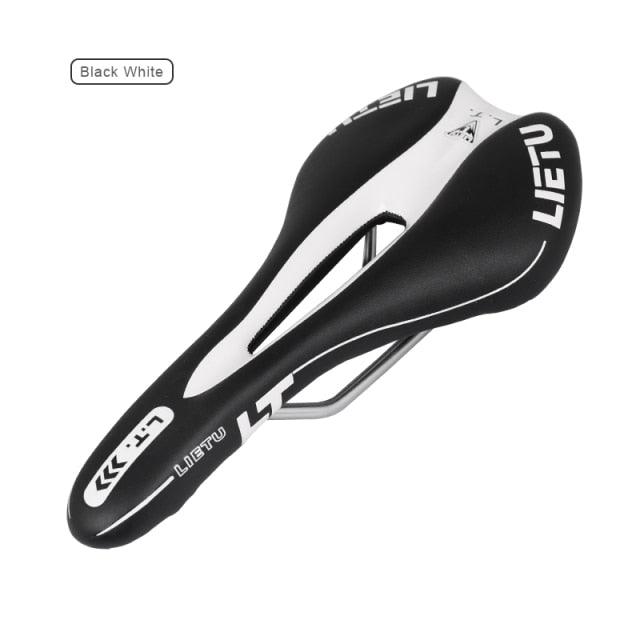 Stevvex bicycle saddle, ergonomic road seat with memory foam, black and white, steel rails on Tampa Home & Garden Store