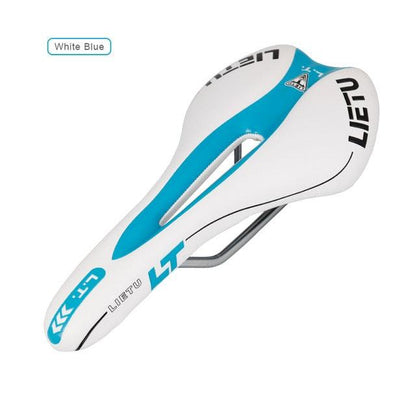 Bicycle saddle Stevvex white blue road bike seat with foam and steel rails on Tampa Home & Garden Store